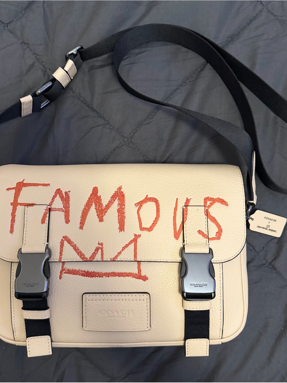 Coach Cream Leather Messenger Bag with Red Script 'FAMOUS'